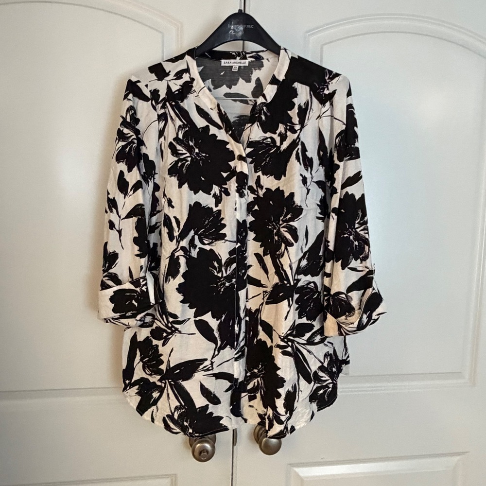 Sara Michelle Womens 2X Black White Floral Button Front 3/4 Sleeve Blouse Top